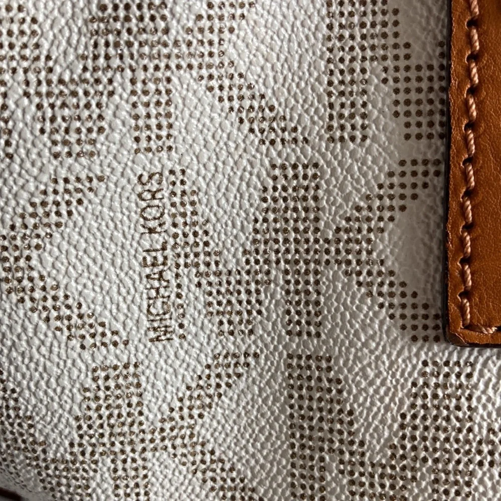 Michael Kors Beige Monogram Satchel with Tan Leather Trim